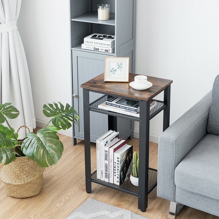 3-tier industrial end table featuring a rustic top and metal mesh shelves, perfect for bedroom or living room storage.