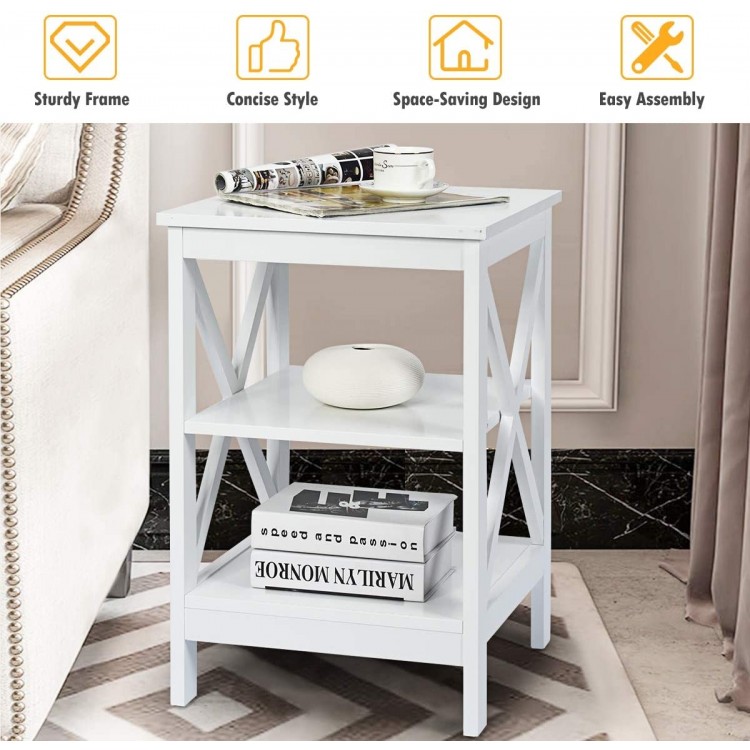 White 3-tier nightstand with X-design, featuring storage shelves and a smooth surface for living room or bedroom use.