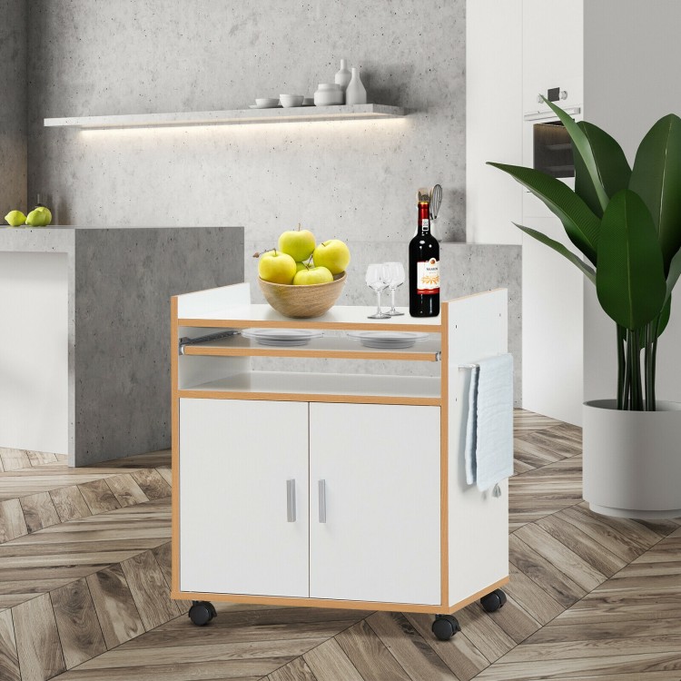 Rolling kitchen island on wheels with removable shelf, towel rack, and classic design for added storage and mobility.