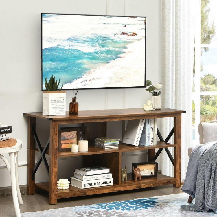 Brown modern farmhouse TV stand with open shelves, accommodating TVs up to 55 inches, ideal for living room or bedroom.