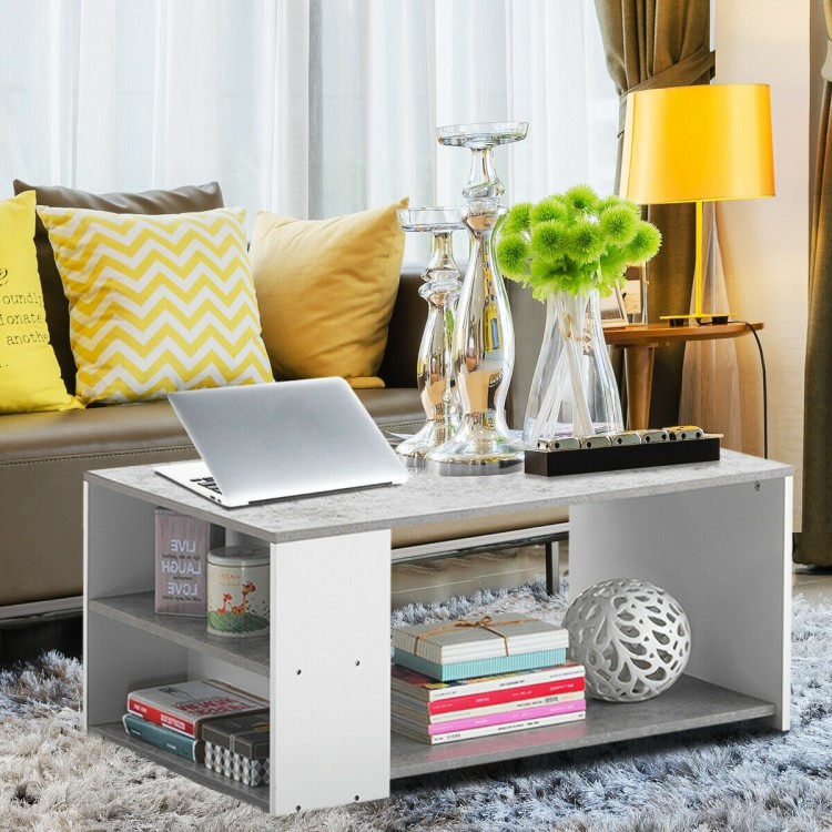 Gray coffee table with storage shelves, made of P2 MDF, ideal for living room or office use, featuring a sleek design.
