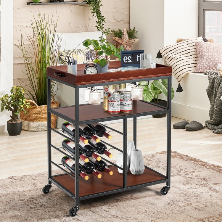 Three-tier storage bar serving cart with wine rack, made of wood and metal, ideal for kitchens and dining areas.