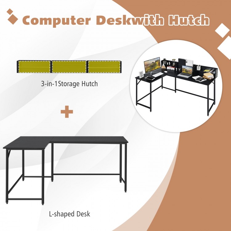 L-shaped black computer desk with 3-in-1 storage hutch, designed for organized workspaces in small apartments or.