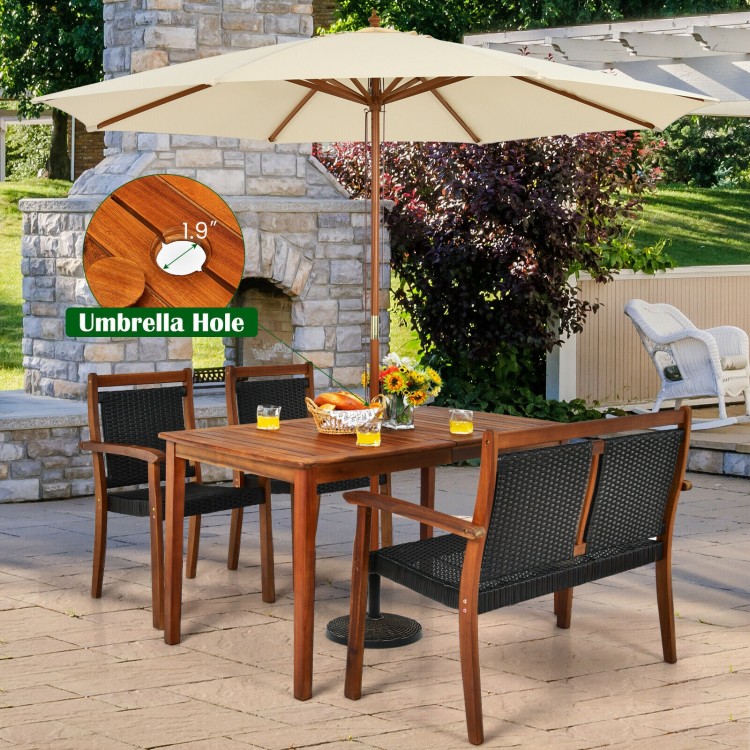 4-piece acacia wood patio dining set with rattan chairs, featuring a 1.9-inch umbrella hole, ideal for outdoor.
