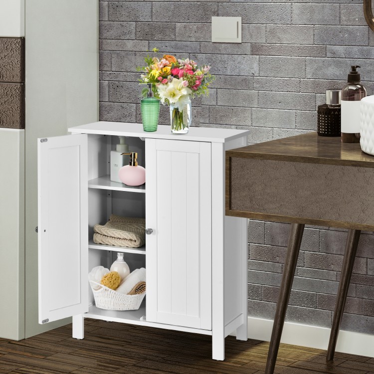 White 2-door bathroom storage cabinet with adjustable shelves, perfect for towels and toiletries in any room.