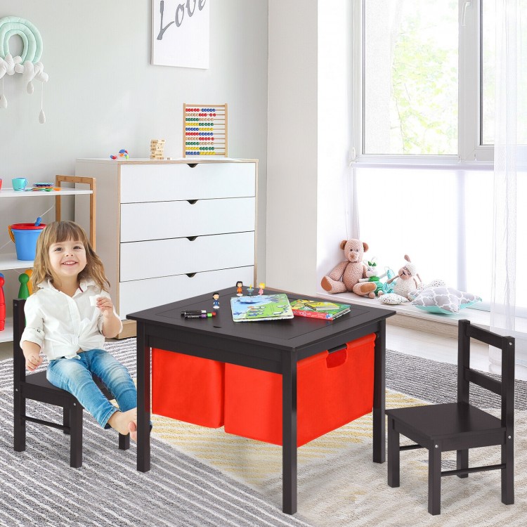 Kids activity table set with two chairs, dark brown, featuring storage drawers for organizing toys and blocks.