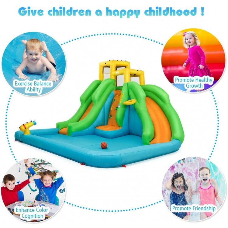 Inflatable water park bounce house with climbing wall, bright colors, suitable for garden or park, promotes active play.