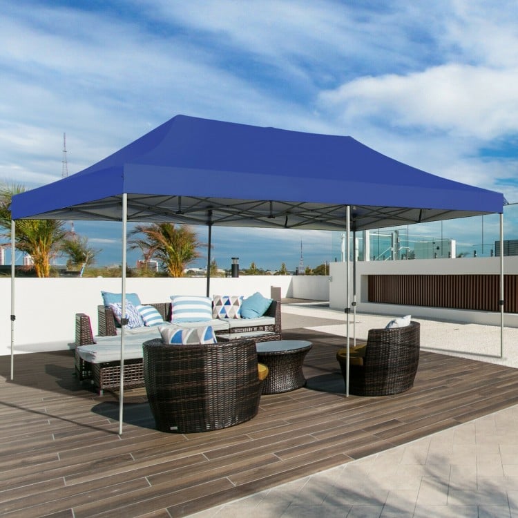 Adjustable 10 x 20 feet blue folding sun shelter with sturdy steel frame, ideal for outdoor parties and picnics.