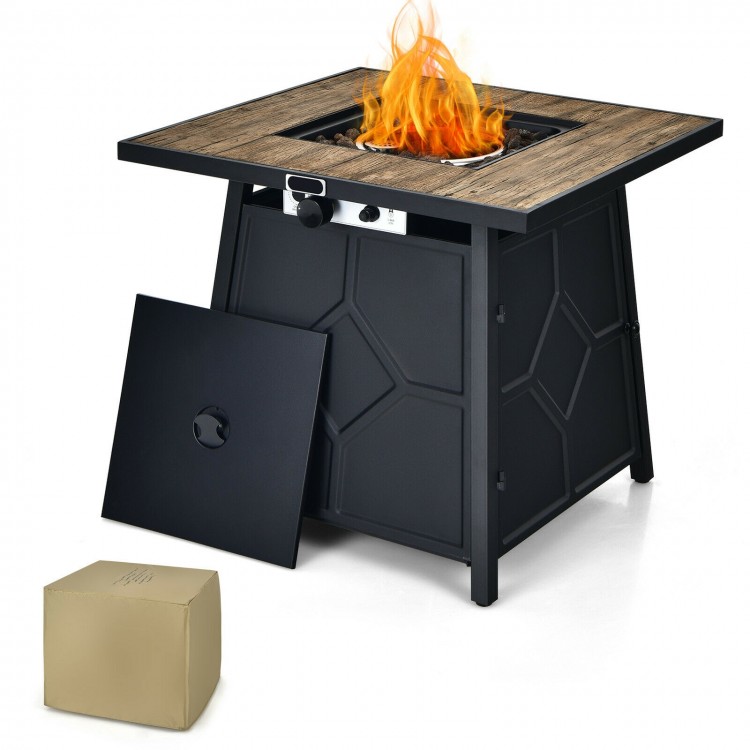 28-inch propane gas fire pit table with a stainless steel burner, lava stone, and waterproof cover for outdoor.
