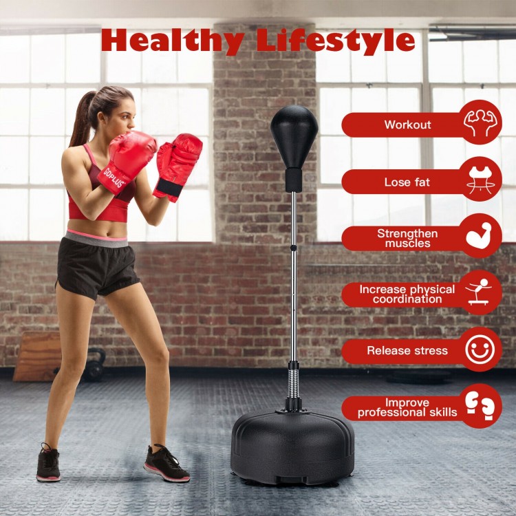 Freestanding adjustable punching bag with boxing gloves, designed for fitness and training, suitable for all ages.