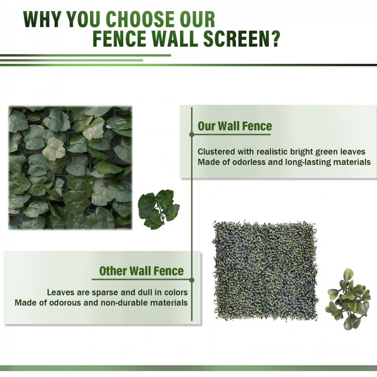 Artificial ivy privacy fence screen measuring 118" x 39.4", featuring 1696 realistic maple leaves for natural decor.