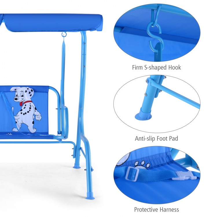Outdoor kids patio swing bench with canopy, featuring a puppy pattern, sturdy metal frame, and safety harness for 2.