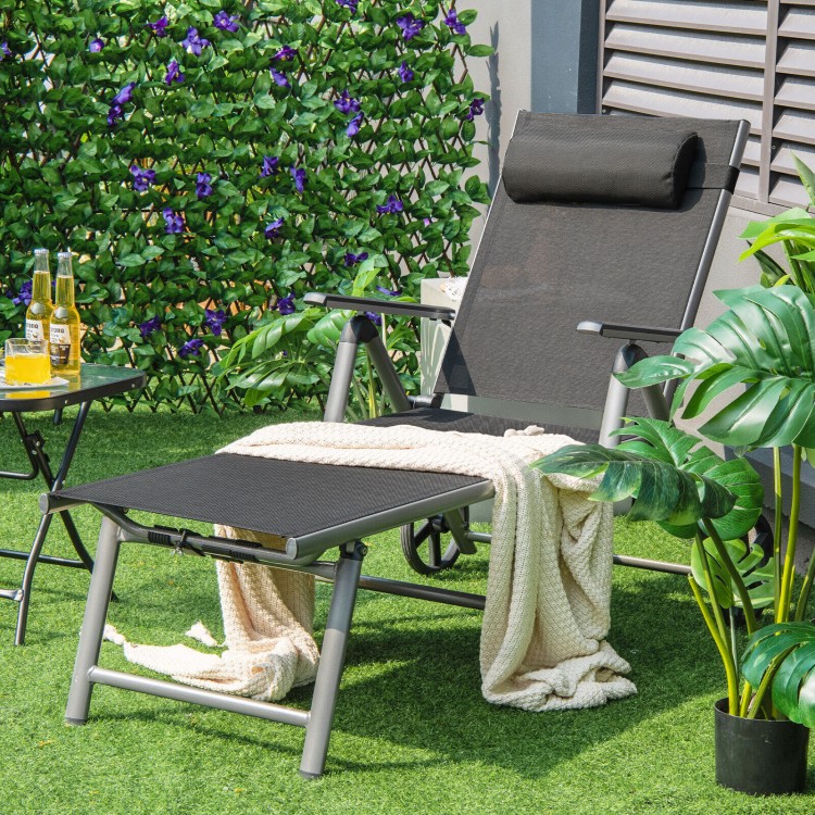 Adjustable patio folding chaise lounge chair with wheels, featuring a breathable fabric seat and 7-level backrest for.