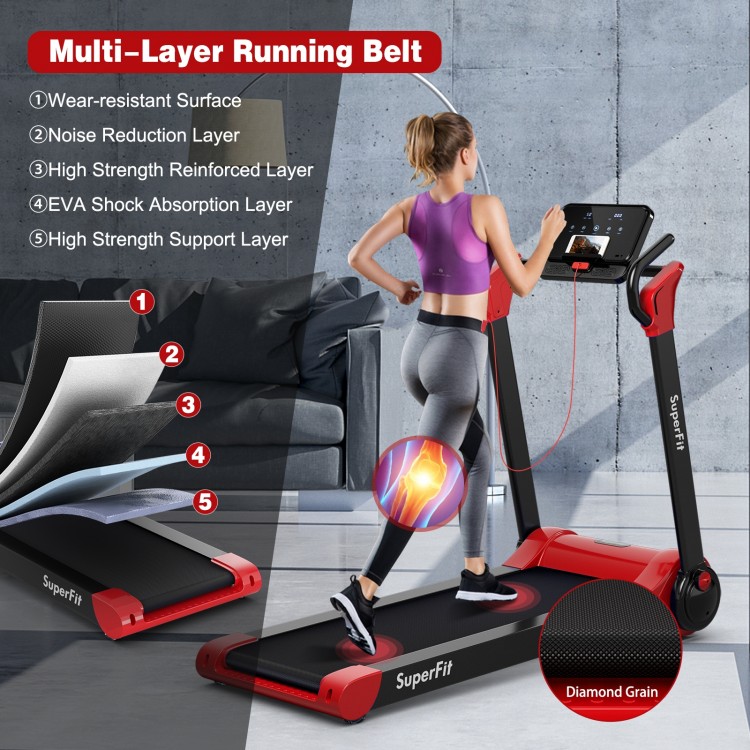 Folding treadmill with 2.25 HP motor, LED display, and 5-layer shock-absorbing running belt for home workouts.