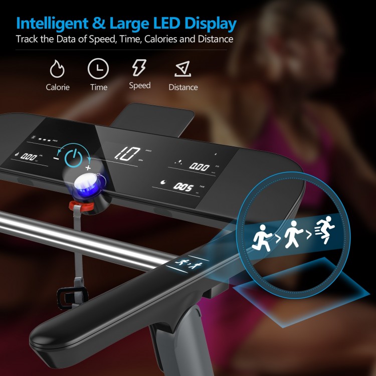 Folding treadmill with large LED display showing speed, time, distance, and calories for home workouts.