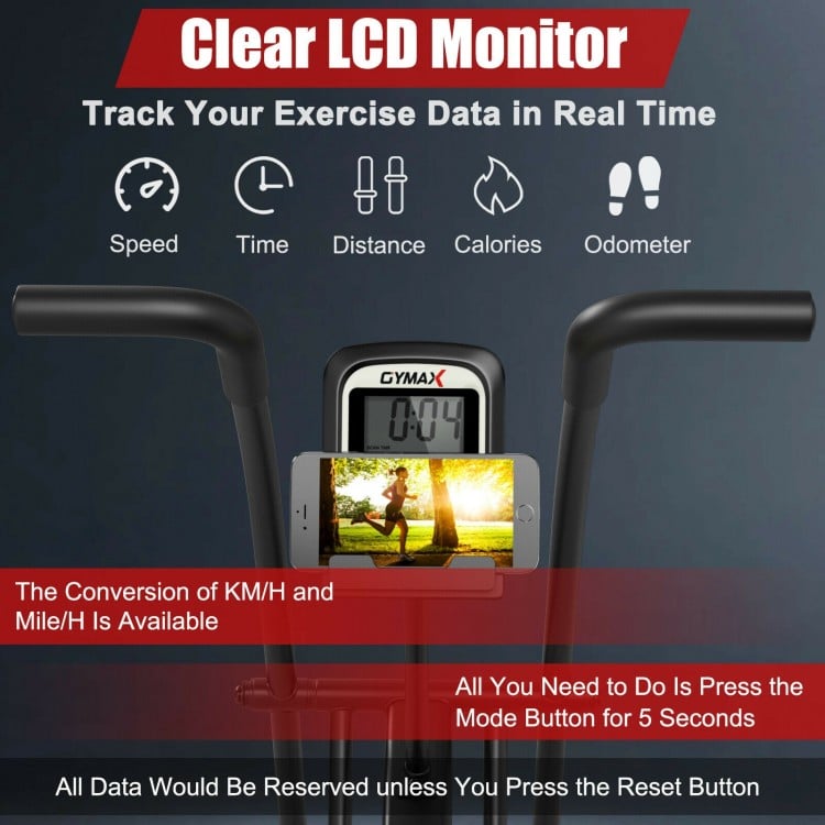 Upright air bike with clear LCD monitor showing time, speed, distance, and calories for full body workouts.