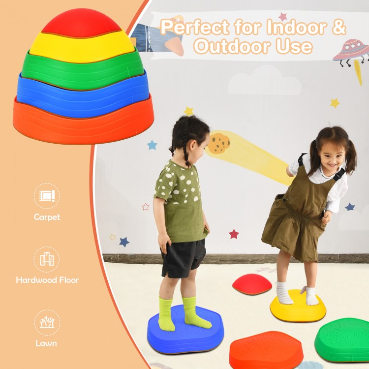 Colorful 5-piece kids balance stepping stones for indoor and outdoor play, promoting coordination and safe fun.