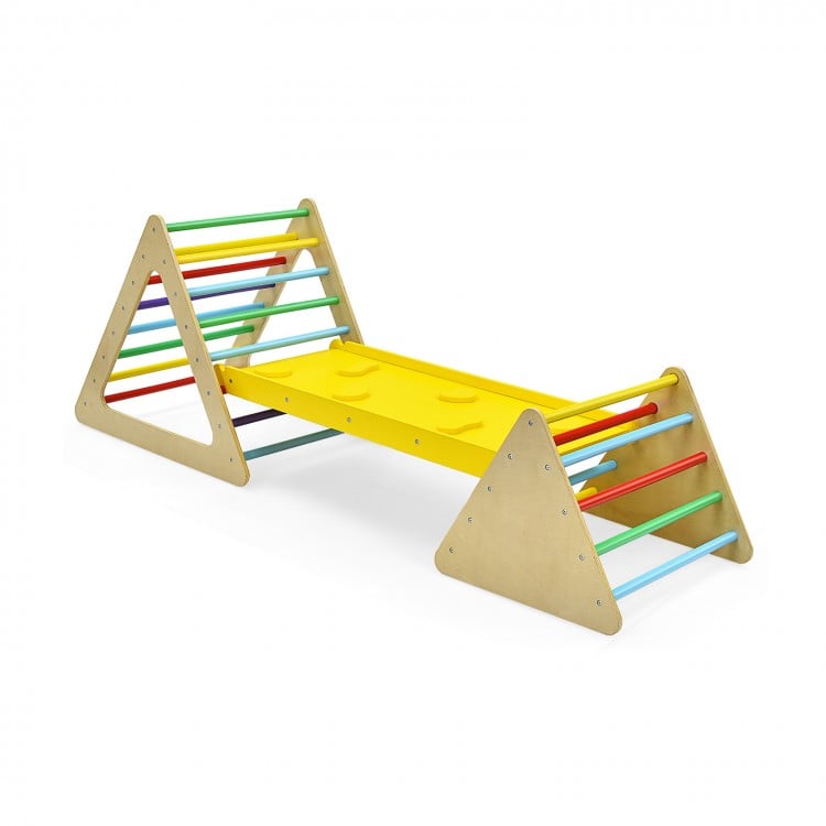 3-in-1 wooden triangle climber set with ramp, designed for stability and safety, perfect for children's play and motor.
