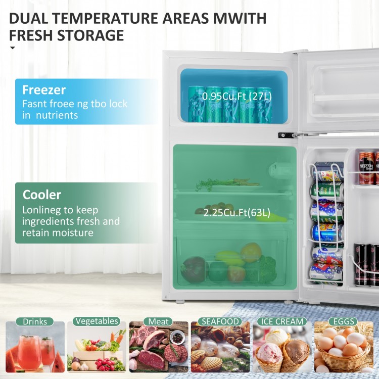 Compact stainless steel refrigerator with dual temperature areas, featuring a 2.2 cu ft fresh food capacity and 1 cu ft.