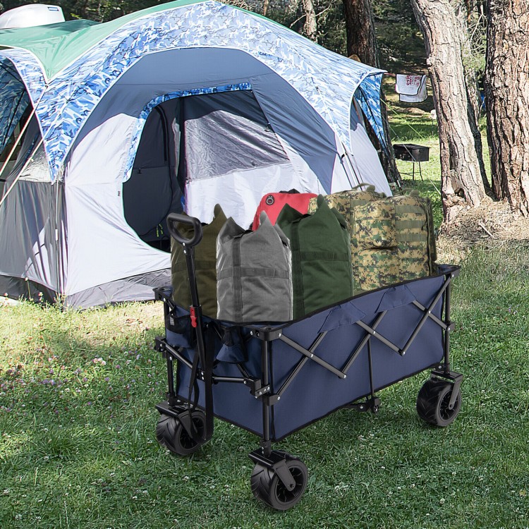 Folding utility garden cart in blue with wide wheels, loaded with bags, ideal for camping and outdoor storage.
