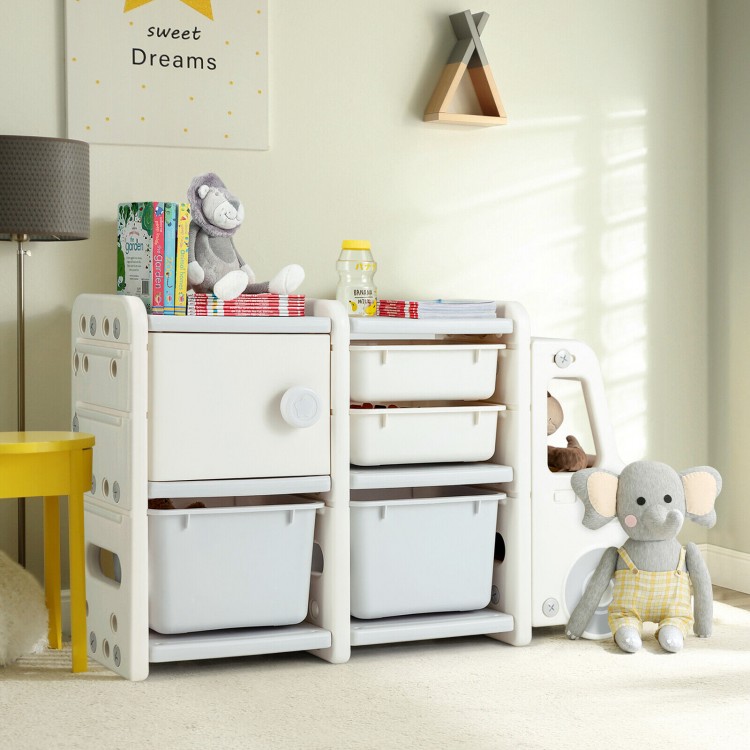 Toddler truck storage organizer in beige featuring a truck-shaped design with a cabinet for versatile toy storage.