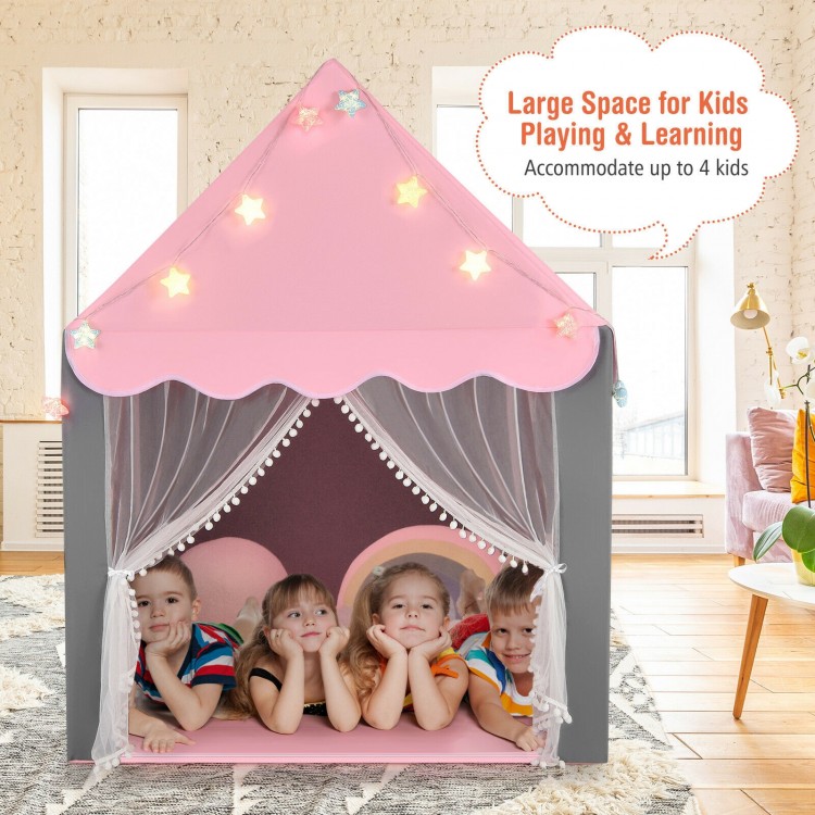 Kids playhouse tent in pink with star lights, accommodating up to 4 kids, featuring a soft mat and breathable curtains.