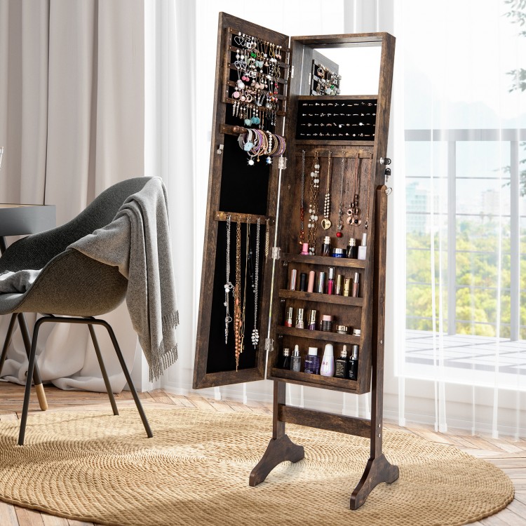 Standing jewelry cabinet with full-length mirror in brown, featuring organized storage for jewelry and makeup, ideal.