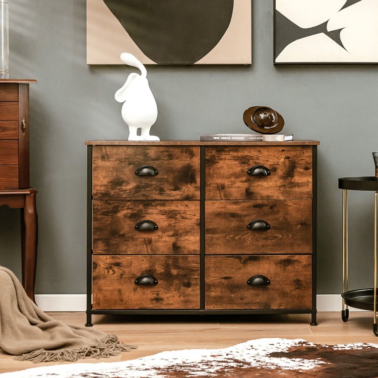 Rustic brown 6-drawer storage chest with fabric drawers and wooden top, perfect for bedroom or living room organization.