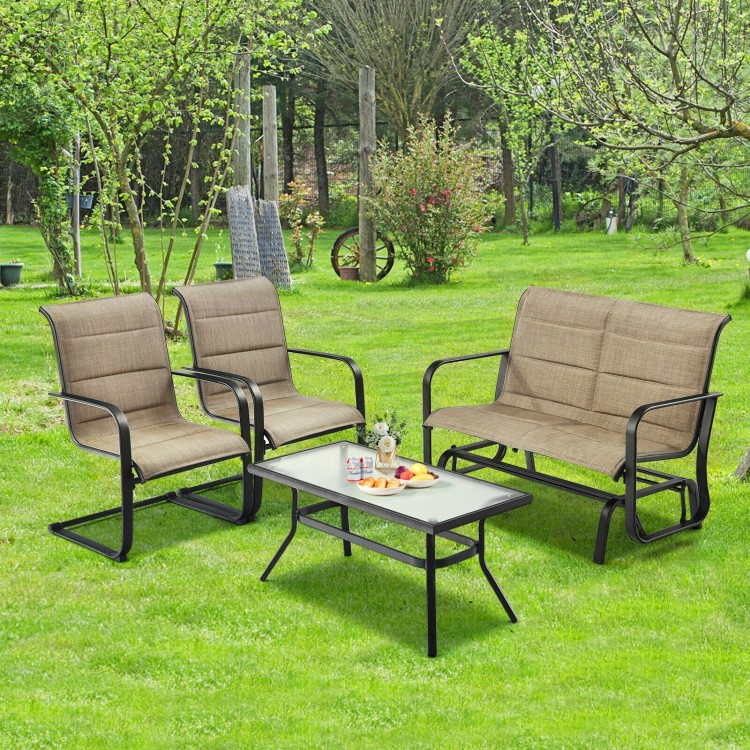 4-piece outdoor patio furniture set featuring a padded glider loveseat and coffee table in brown for garden relaxation.