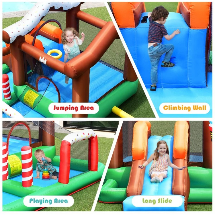 Inflatable kids bounce house featuring a jumping area, climbing wall, slide, and bright colors for outdoor fun.