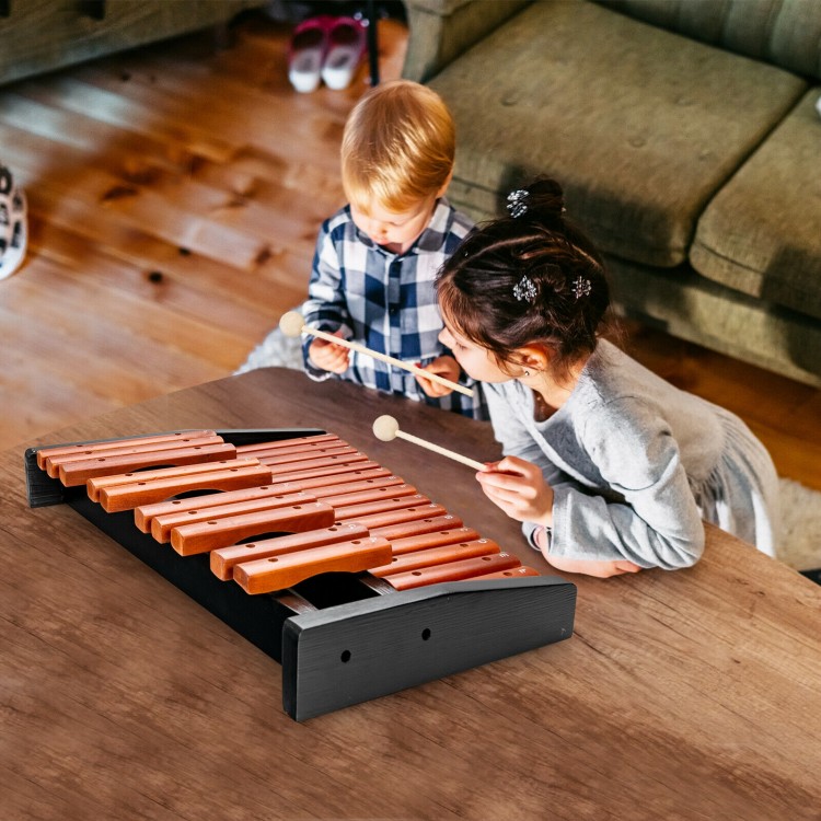 25-note wooden xylophone with mallets, featuring hardwood keys and a durable base, perfect for educational music play.