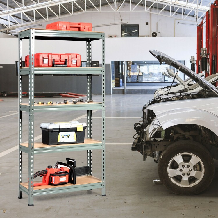 5-tier gray steel shelving unit with adjustable shelves, ideal for garage storage and organizing heavy tools.