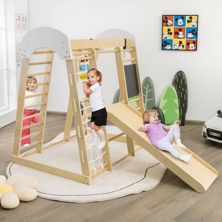 Wooden 8-in-1 indoor playground climbing gym with slide and ladder, perfect for children's play and development.