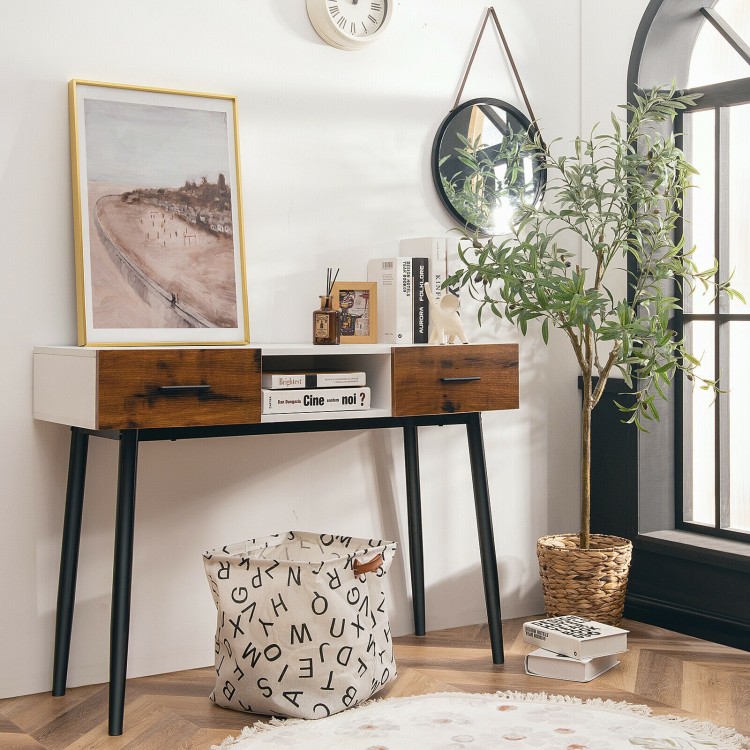42-inch industrial console table with two drawers, showcasing an open shelf for decorative displays and versatile use.