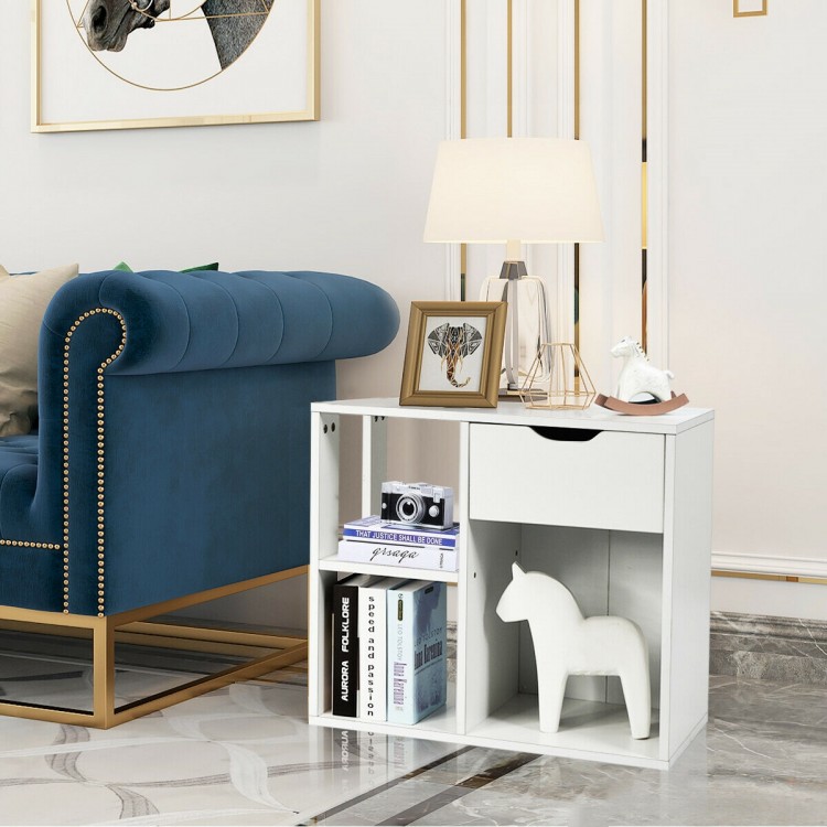 3-tier side table in white with storage drawer and open shelf, perfect as a nightstand or sofa end table.