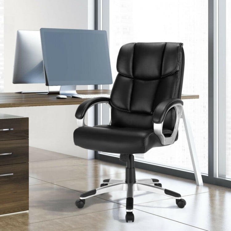 Big and tall adjustable high back leather executive desk chair with padded armrests, ideal for office use.