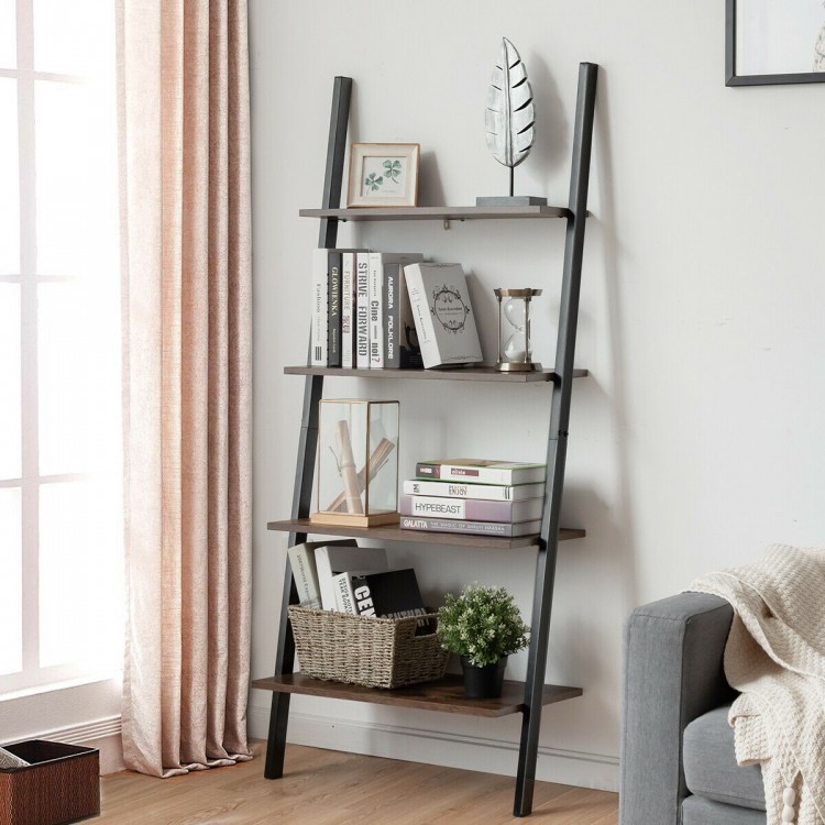 4-tier industrial leaning wall bookcase with a brown particleboard finish and metal frame, ideal for home organization.