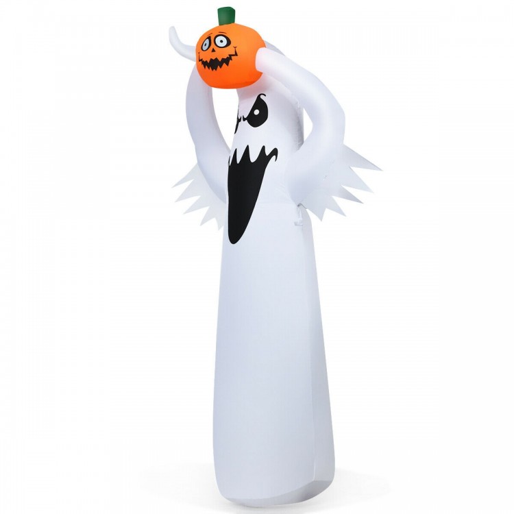 6-foot inflatable Halloween ghost holding a pumpkin, featuring LED lights for spooky outdoor decor.