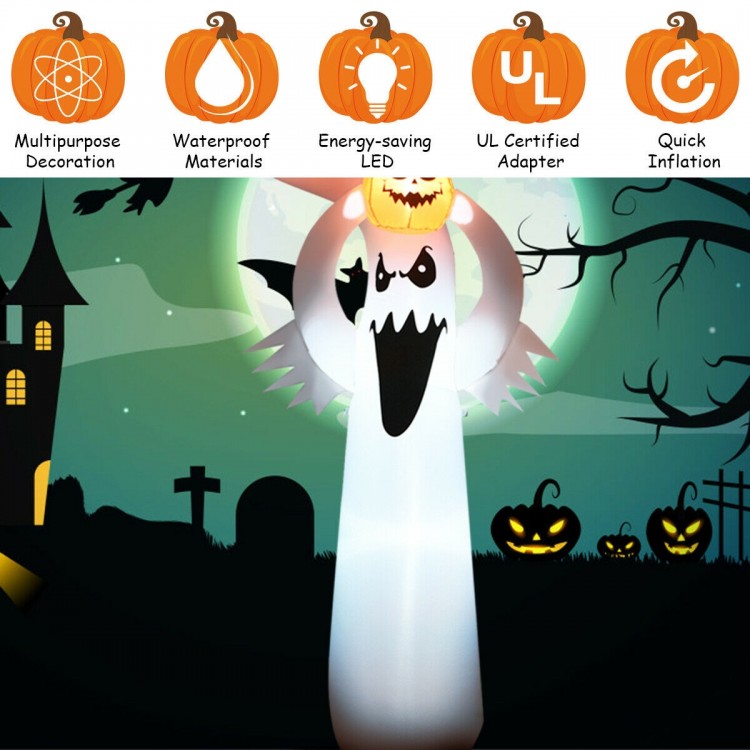 6 feet Halloween inflatable ghost with pumpkin, LED lights, waterproof material, perfect for indoor and outdoor decor.