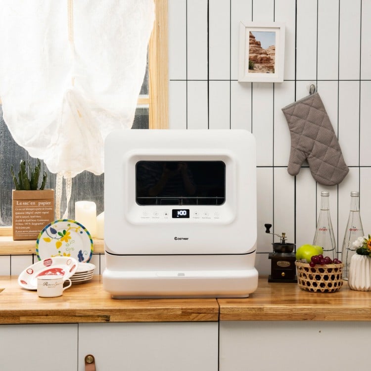 Portable countertop dishwasher showcasing a sleek design with built-in LED lamp and child lock for safe operation.