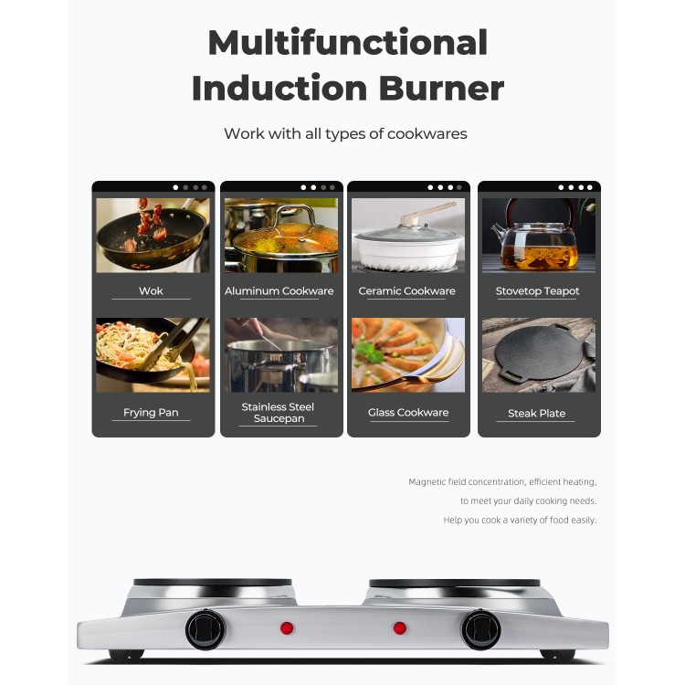 Double hot plate electric burner with stainless steel surface, 1800W power, suitable for all cookware types.