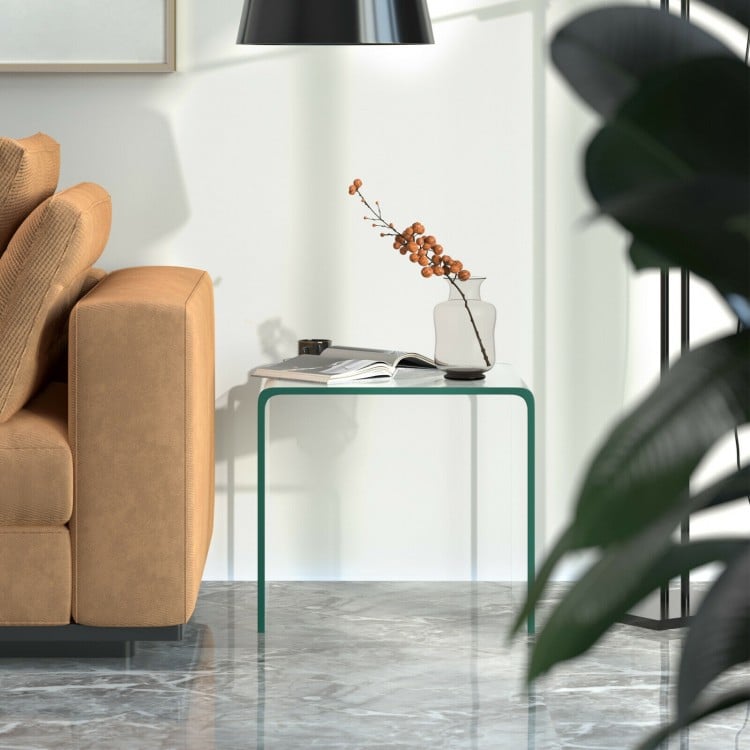 Tempered glass waterfall end table with U-frame, non-slip pads, ideal for living room or office use.