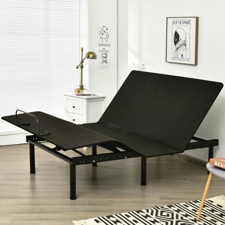 Queen size adjustable bed base frame in black with wireless remote control for personalized comfort and dual USB ports.