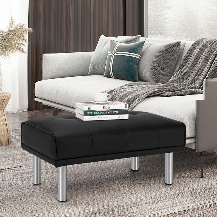 Rectangle tufted ottoman in black with stainless steel legs, perfect as a footrest or side table for living room use.
