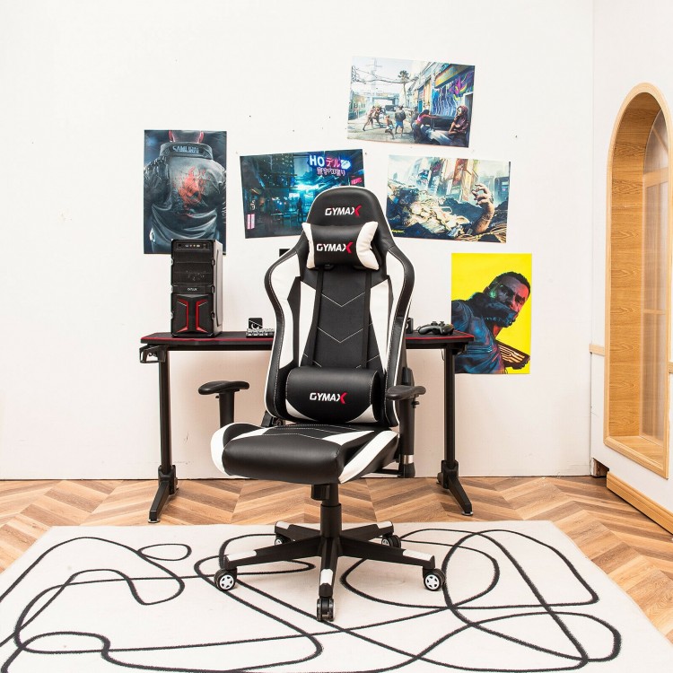 Ergonomic white gaming chair with adjustable height and lumbar support, ideal for gaming or office use.