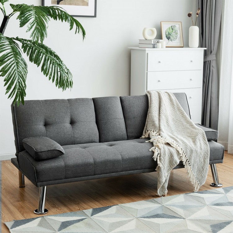 Dark gray convertible futon sofa bed with removable armrests and cup holders, perfect for apartments and cozy spaces.