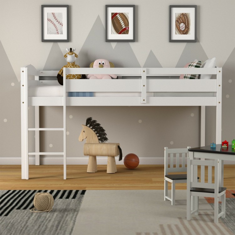 Low loft twin bed in white wood with guard rail and ladder, ideal for kids' rooms and maximizing floor space.