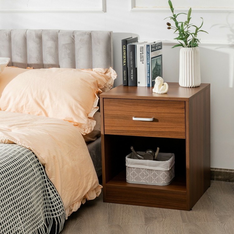Stylish brown nightstand showcasing a wide top for displaying decor, with a large drawer for convenient storage.