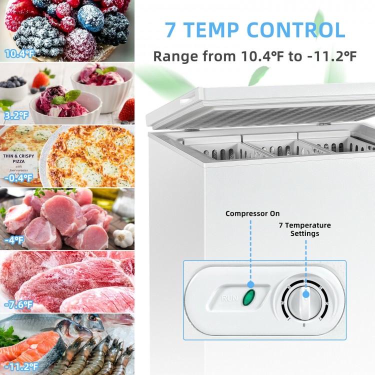 Chest freezer with 7 temperature settings, 5.2 cu.ft capacity, and 3 baskets for organized frozen food storage.