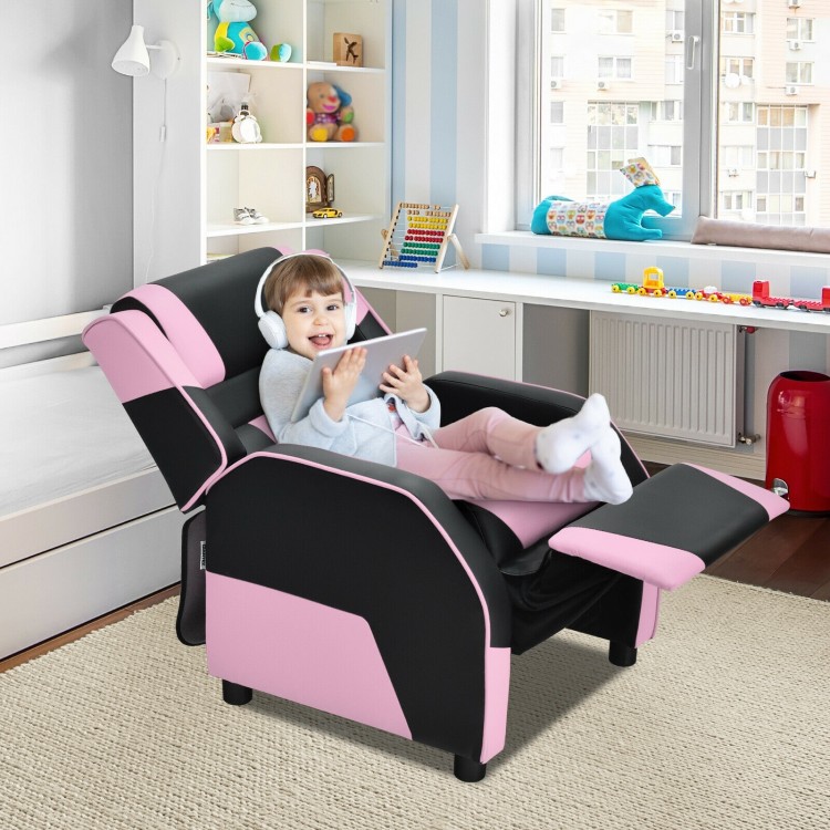 Kids gaming recliner in pink and black PU leather with adjustable footrest, perfect for gaming, reading, or relaxing.